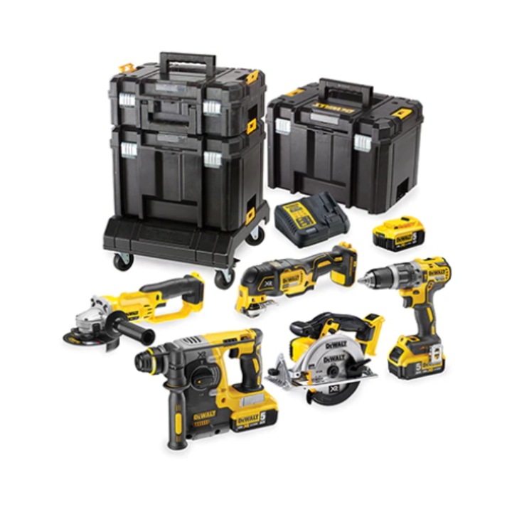 DeWALT DCK654P3T-QW 18V XR 6 gépes Combopack, 3x5.0Ah akkumulátor, 1db töltő, 2 db TSTAK VI koffer, 1 db TSTAK II koffer, 1 db TSTAK szállítókocsi