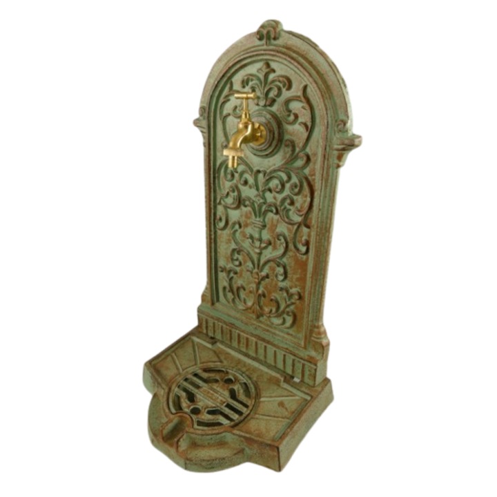 Fantana cu picior de gradina, robinet alama, fonta, maro/verde