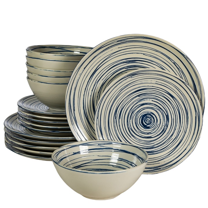 Set Complet Serviciu De Masa, Maritim, 18 piese, Cesiro, Alb Ivoire lucios cu albastru
