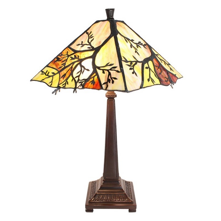 Barna fém talpú lámpa Tiffany üvegbúrával 36x57 cm