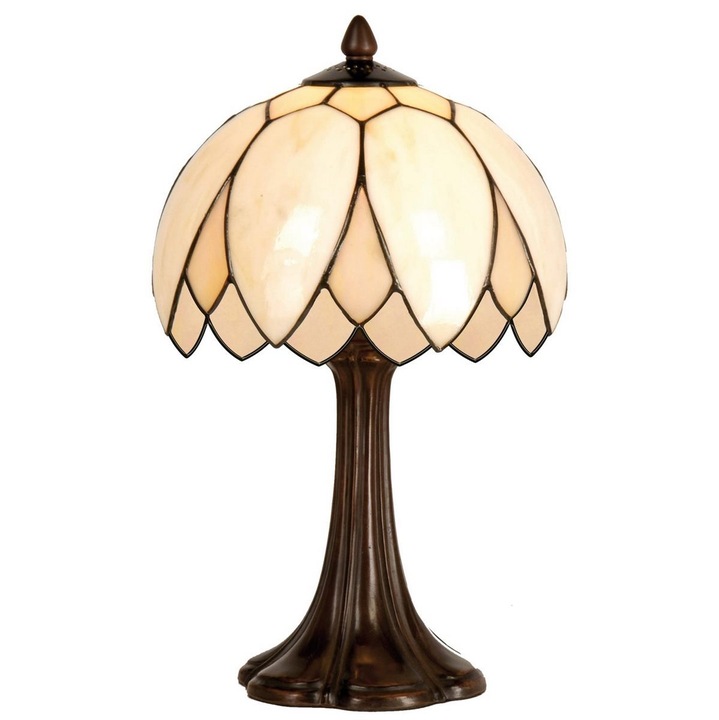 Veioza cu baza din polirasina maro si abajur din sticla crem Tiffany Ø 25 cm x 42 h