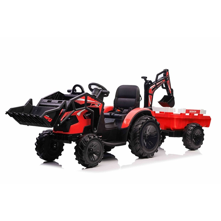 Tractor electric TOP-WORKER 12V cu cupa si remorca, rosu, Scaun simplu, moale din PU, MP3 Player cu intrare USB, Tractiune spate, Motor 2 x 45W, roti EVA, baterie 12V / 10Ah, Telecomanda