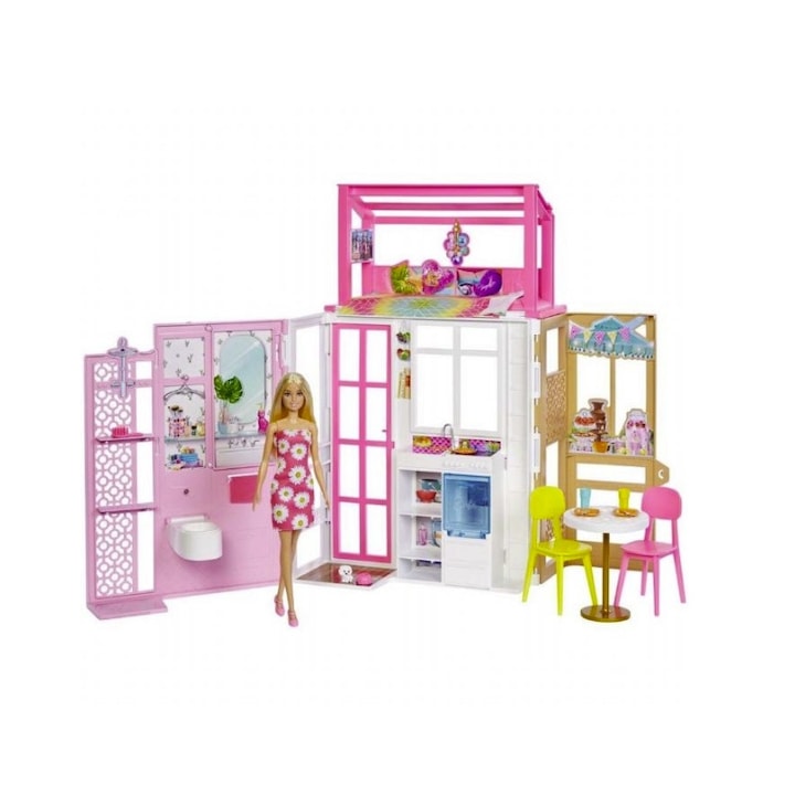 Игрален комплект, Къща Барби с кукла и 15 аксесоара, 50 х 45 см