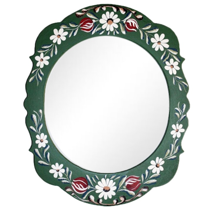 Oglinda de lemn, verde multicolor, pictata manual, 53/40 cm