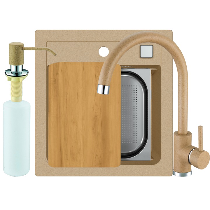 Set chiuveta Alveus Atrox 20 material compozit 470x500mm si baterie Kati Bej, sifon pop up, dispozitiv detergent, tocator, sita, all round inclus