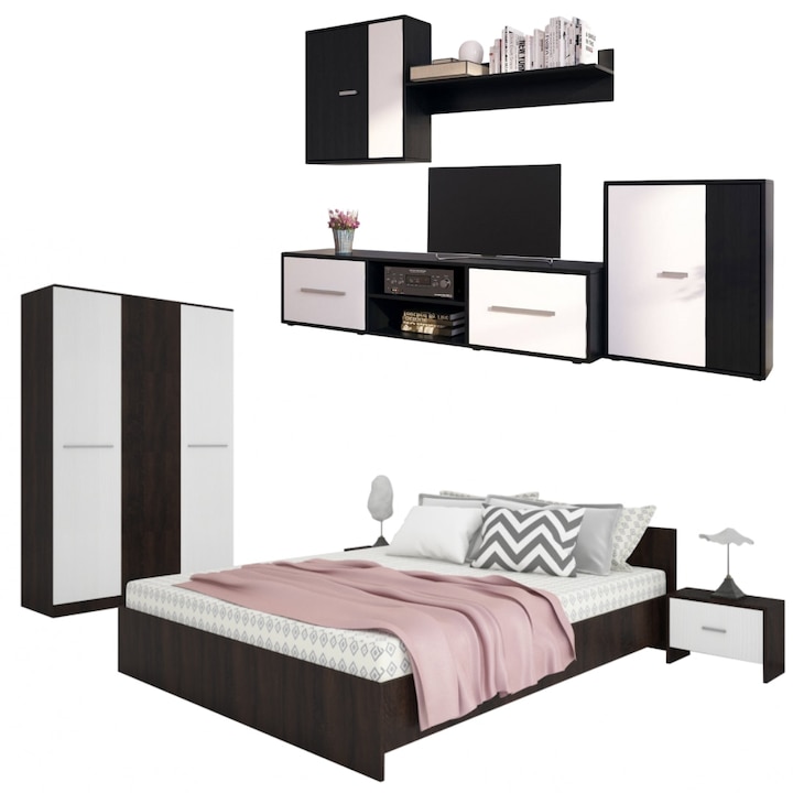 Set Dormitor Hera, cu Pat Matrimonial 160x200 cm, Dulap, 2 Noptiere, Culoare Alb / Wenge si Mobilier Living Modern inclus
