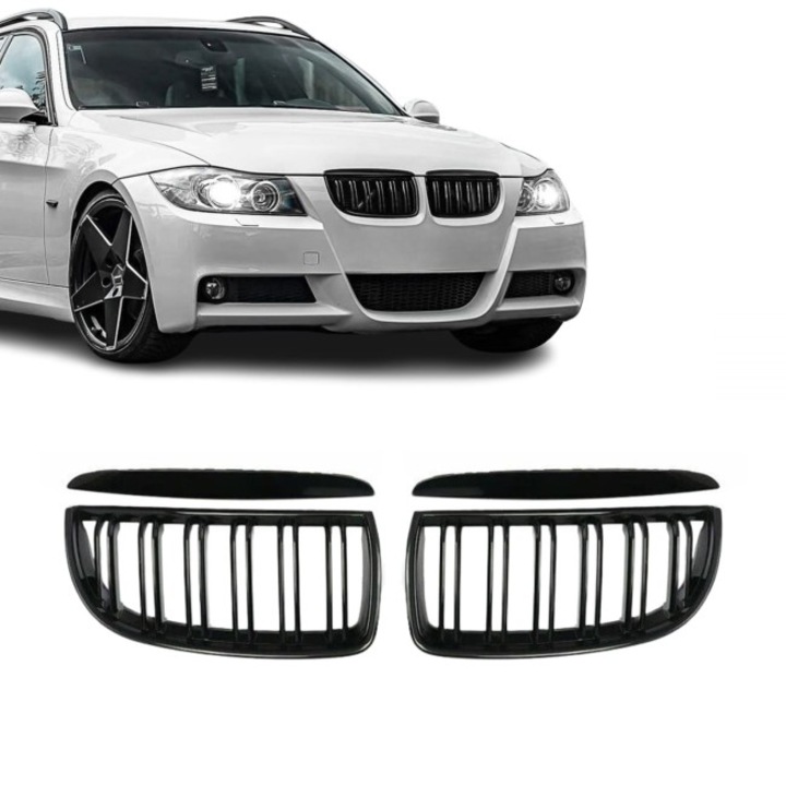 Grile Duble M Style Nari Bara Fata Compatibile cu BMW Seria 3 E90 E91, 2005-2008, Pre-lci Non-facelift, Negru Lucios