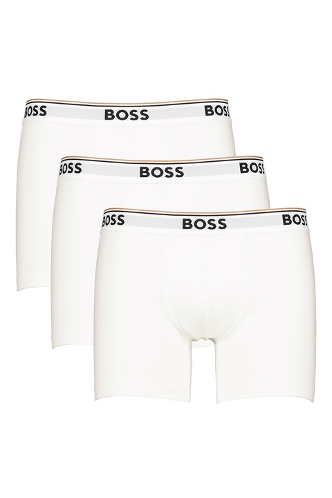 BOSS, Set de boxeri cu banda logo in talie - 3 perechi, Alb