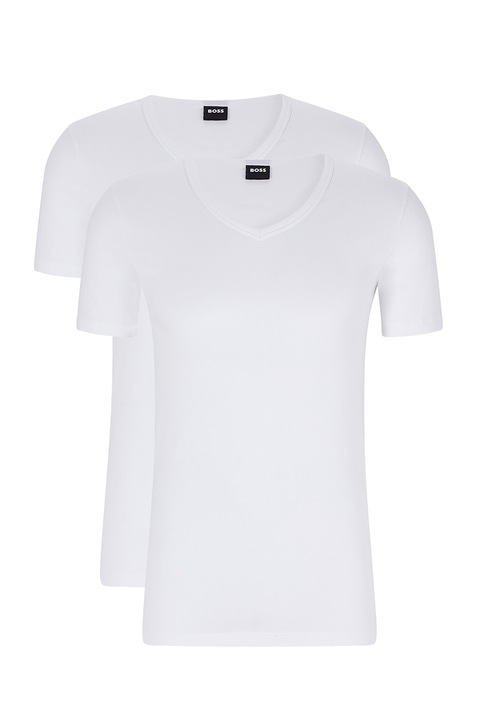BOSS, Set de tricouri de casa cu decolteu in V - 2 piese, Alb