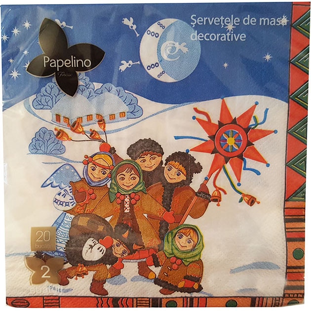 Servetele masa Papelino, cu decor specific de Craciun, La colindat, 33x33 cm, 2 str, 20 buc/set