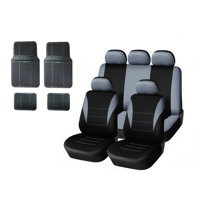 Комплект универсална сива тапицерия за предни и задни седалки с черни гумени стелки Flexzon