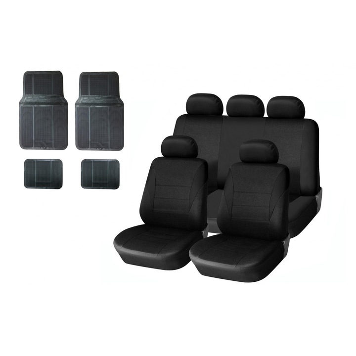 Комплект универсална черна тапицерия за предни и задни седалки с черни гумени стелки Flexzon