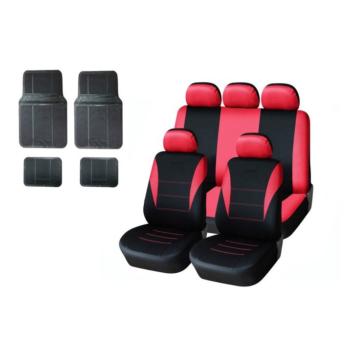 Комплект универсална червена тапицерия за предни и задни седалки с черни гумени стелки Flexzon