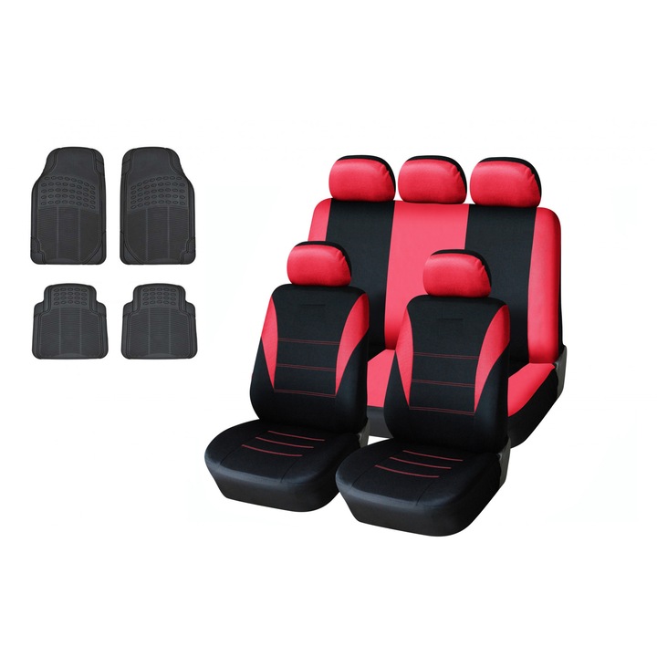 Комплект универсална червена тапицерия за предни и задни седалки с релефни гумени стелки Flexzon