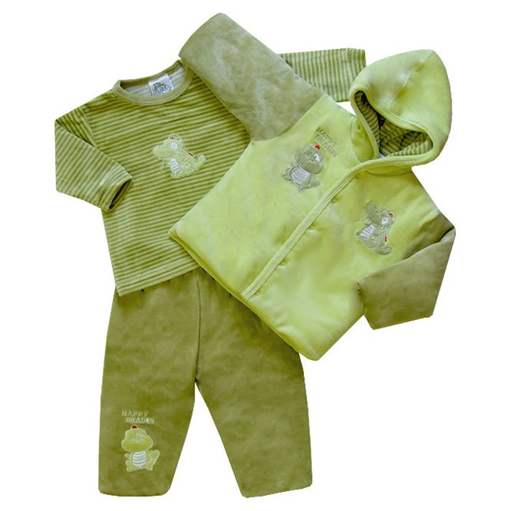 F.S. Baby háromrészes vastag plüss együttes (kocsikabát, nadrág, póló) - Aligátor (Zöld, 68 (6 hó))