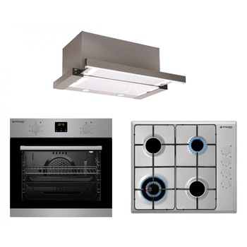 Pachet Pyramis SMARTLINE COMFORT TURBO, cuptor electric digital 5 functii, plita cu gaz, arzator wok si hota telescopica Pachet Pyramis SMARTLINE COMFORT TURBO, cuptor electric digital 5 functii, plita cu gaz, arzator wok si hota telescopica