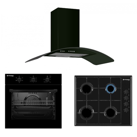 Pachet Pyramis SMARTLINE BLACK ELEGANT 90, cuptor electric 5 functii, plita cu gaz si hota decorativa