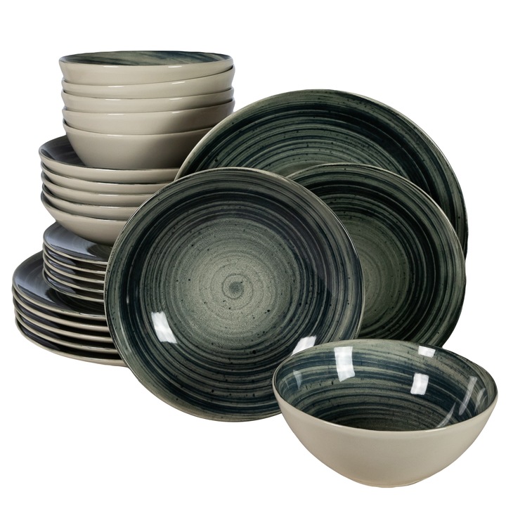 Пълен сервиз за маса, Whirlwind, 24 части, Cesiro, Бяла Слонова кост с черно