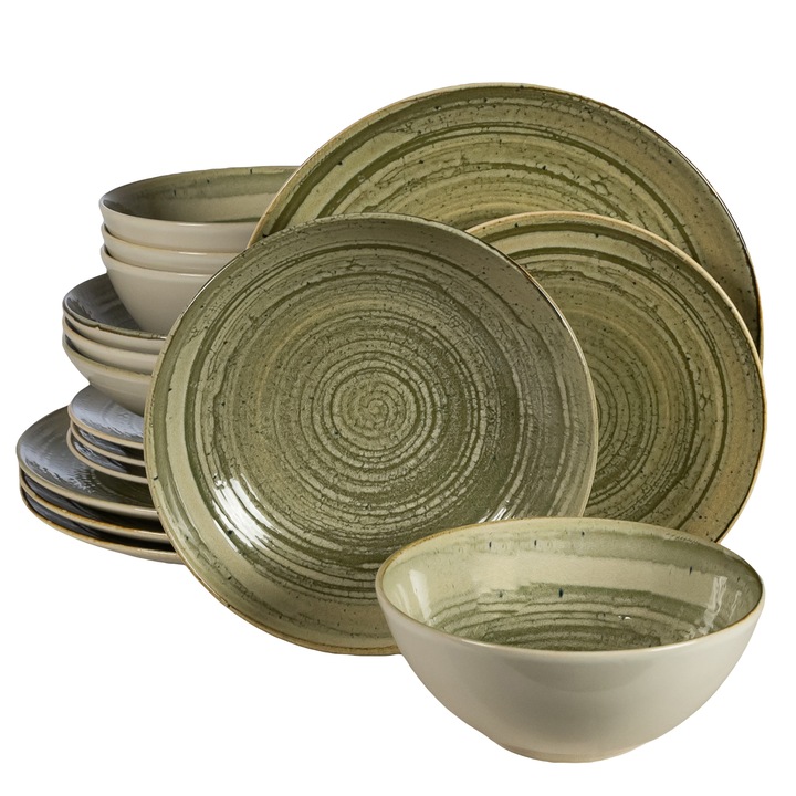 Set Complet Serviciu De Masa, Sand, 16 piese, Cesiro, Alb Ivoire si gri-verzui