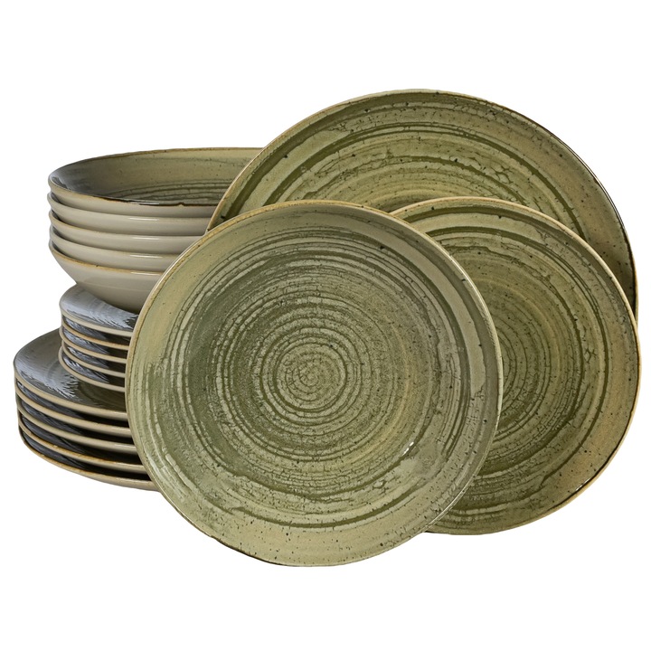 Пълен сервиз за маса, пясък, 18 части, Cesiro, Бяла Слонова кост и сиво-зелено