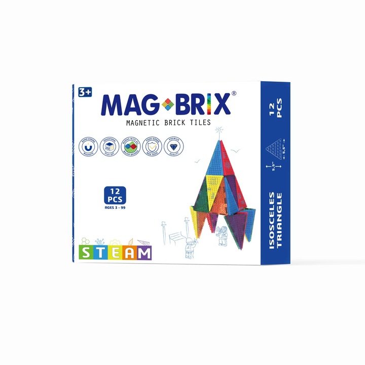 Set de constructie magnetic Magblox, 12 piese triunghi isoscel - compatibil cu piese de constructie de tip caramizi, plastic reciclat 100%
