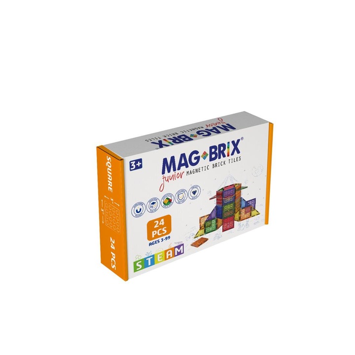 Set de constructie magnetic Magblox, Junior 24 piese patrate - compatibil cu piese de constructie tip caramizi, plastic reciclat 100%
