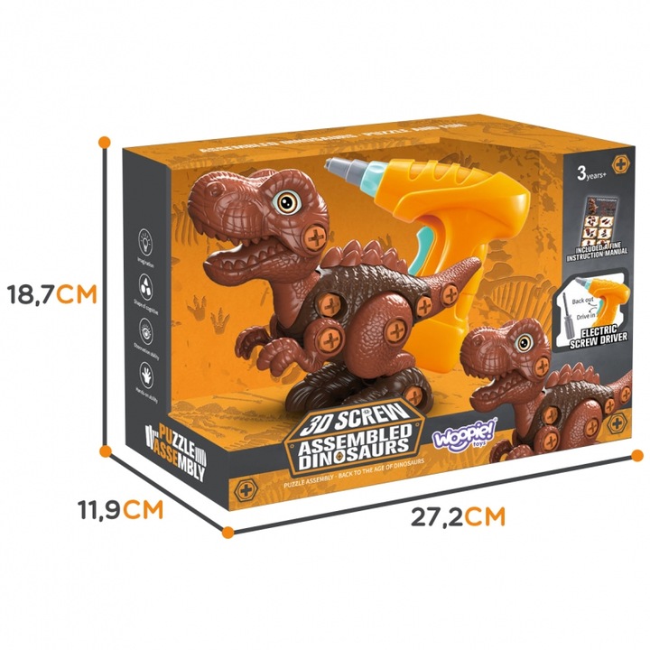 Конструктор Динозавър - Брахиозавър, Кафяв, Отвертка и Бормашина, 31 елемента, WOOPIE