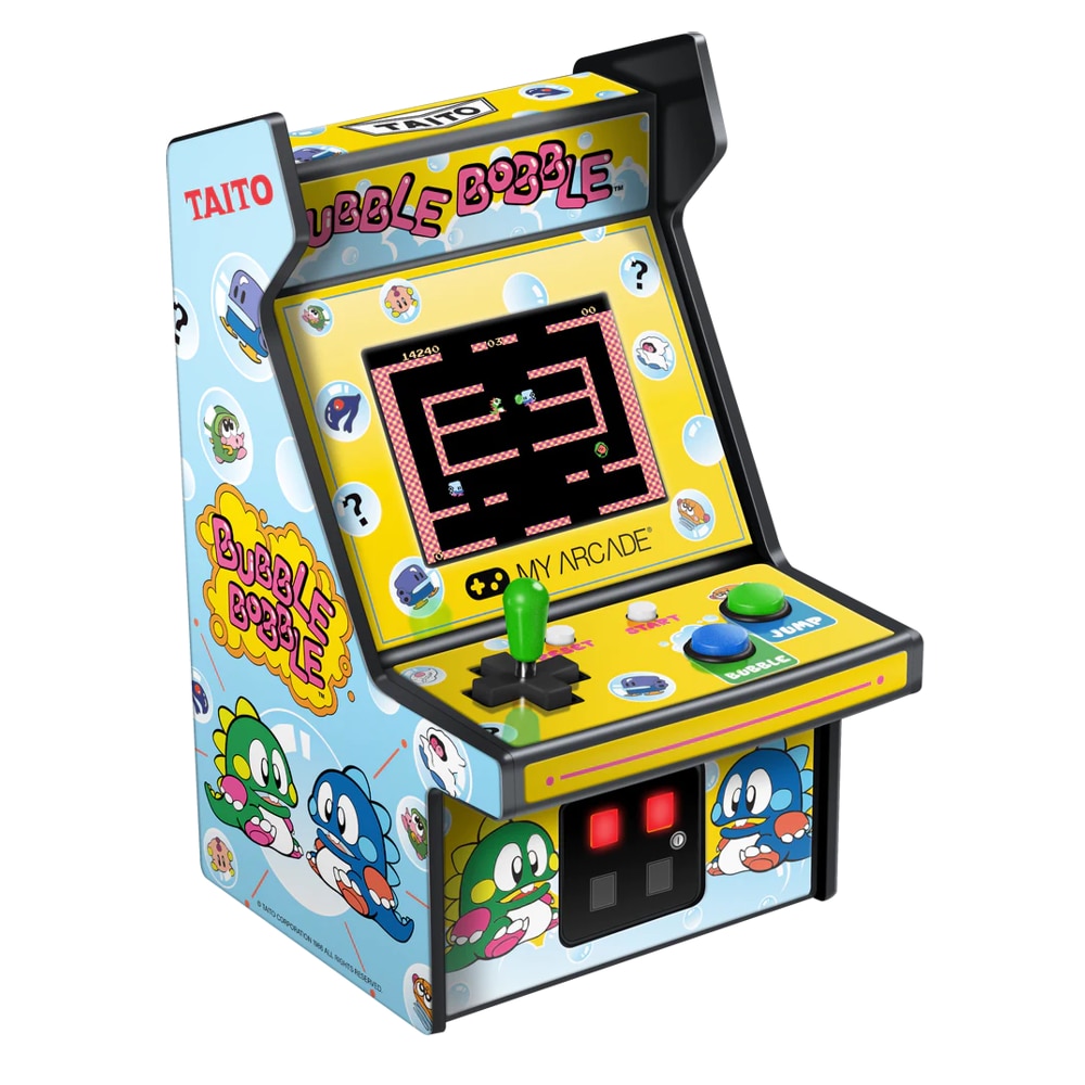 Mini-consola gaming retro MyArcade, Bubble Bobble, complet redabila, de colectie, display color 2.75”, difuzor integrat, port jack 3.5 mm, CO/VS pentru gaming in retea, joystick detasabil, inaltime 19 cm, galben/albastru