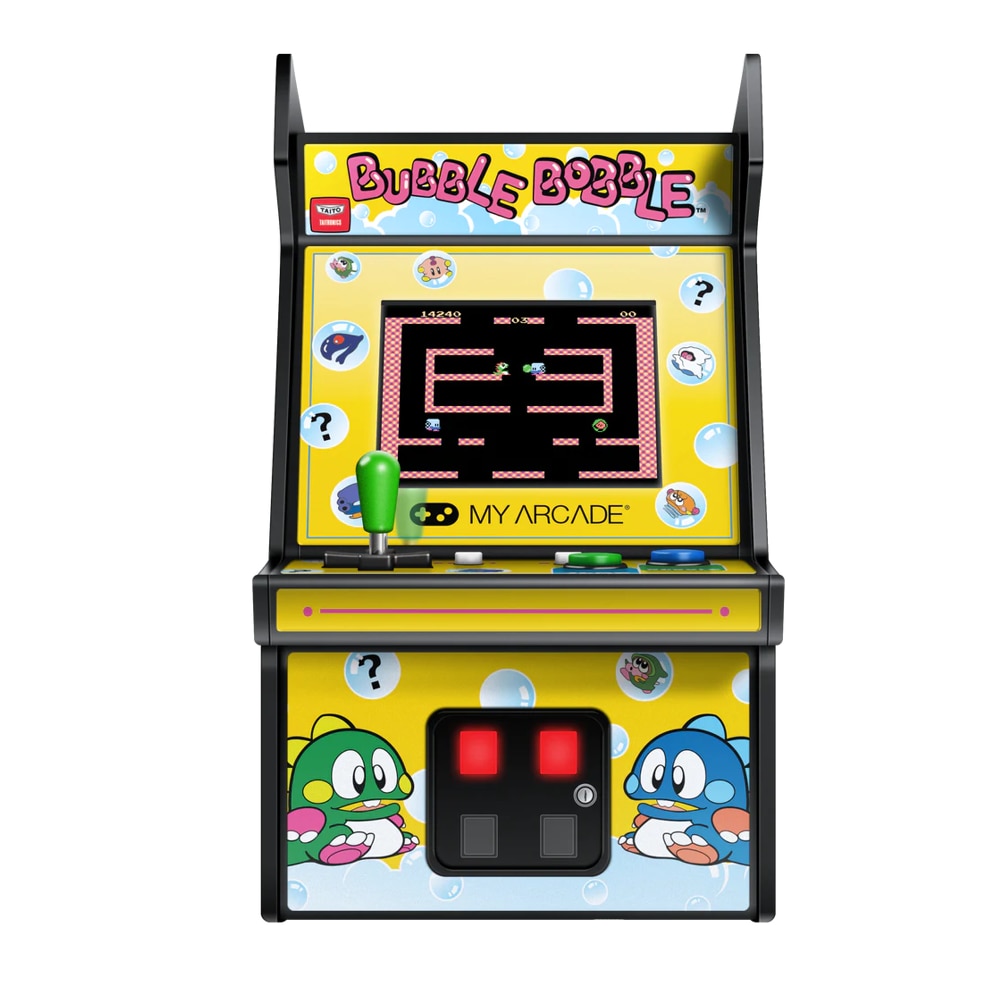 Mini-consola gaming retro MyArcade, Bubble Bobble, complet redabila, de colectie, display color 2.75”, difuzor integrat, port jack 3.5 mm, CO/VS pentru gaming in retea, joystick detasabil, inaltime 19 cm, galben/albastru