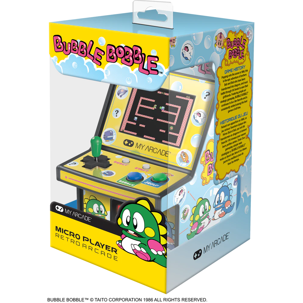 Mini-consola gaming retro MyArcade, Bubble Bobble, complet redabila, de colectie, display color 2.75”, difuzor integrat, port jack 3.5 mm, CO/VS pentru gaming in retea, joystick detasabil, inaltime 19 cm, galben/albastru