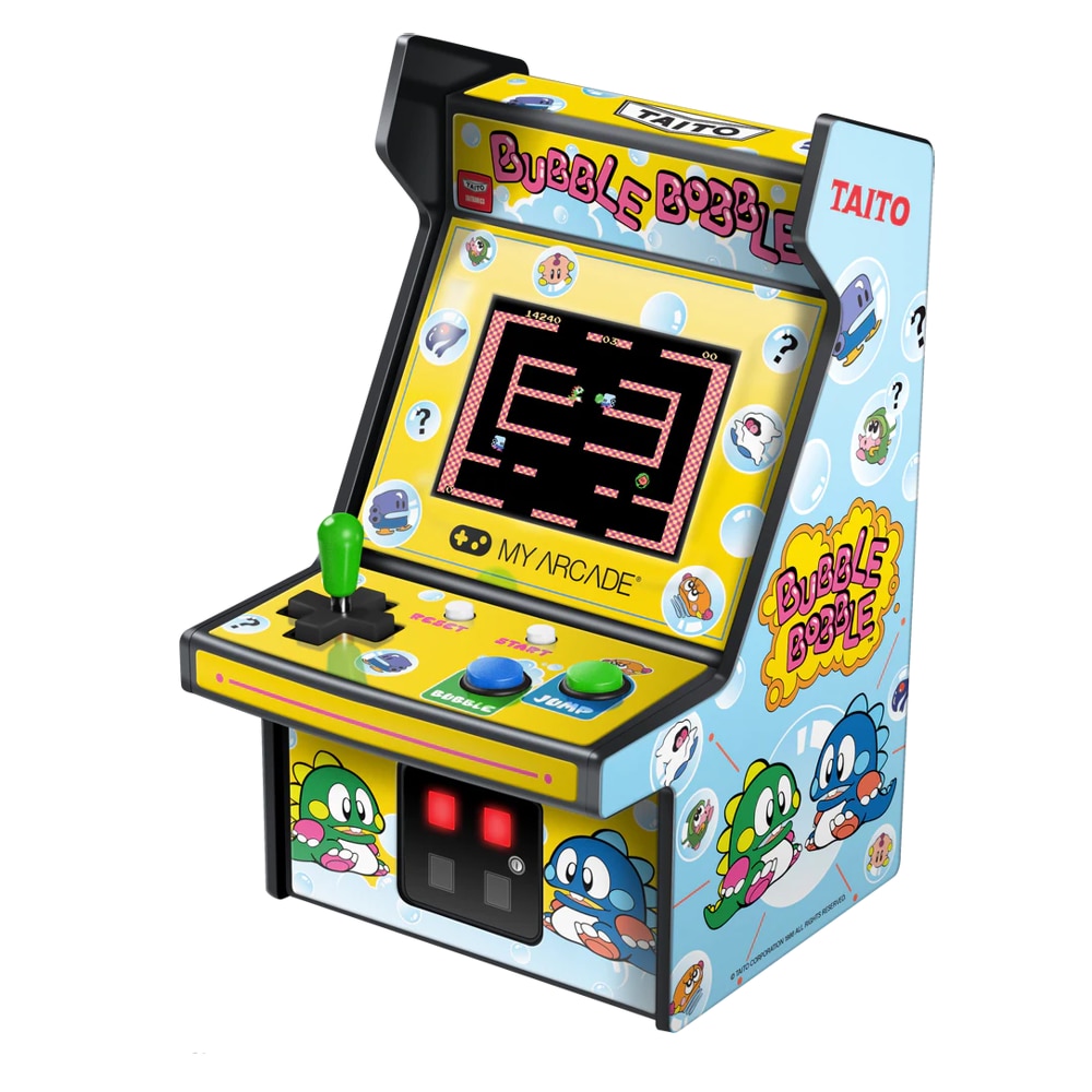 Mini-consola gaming retro MyArcade, Bubble Bobble, complet redabila, de colectie, display color 2.75”, difuzor integrat, port jack 3.5 mm, CO/VS pentru gaming in retea, joystick detasabil, inaltime 19 cm, galben/albastru