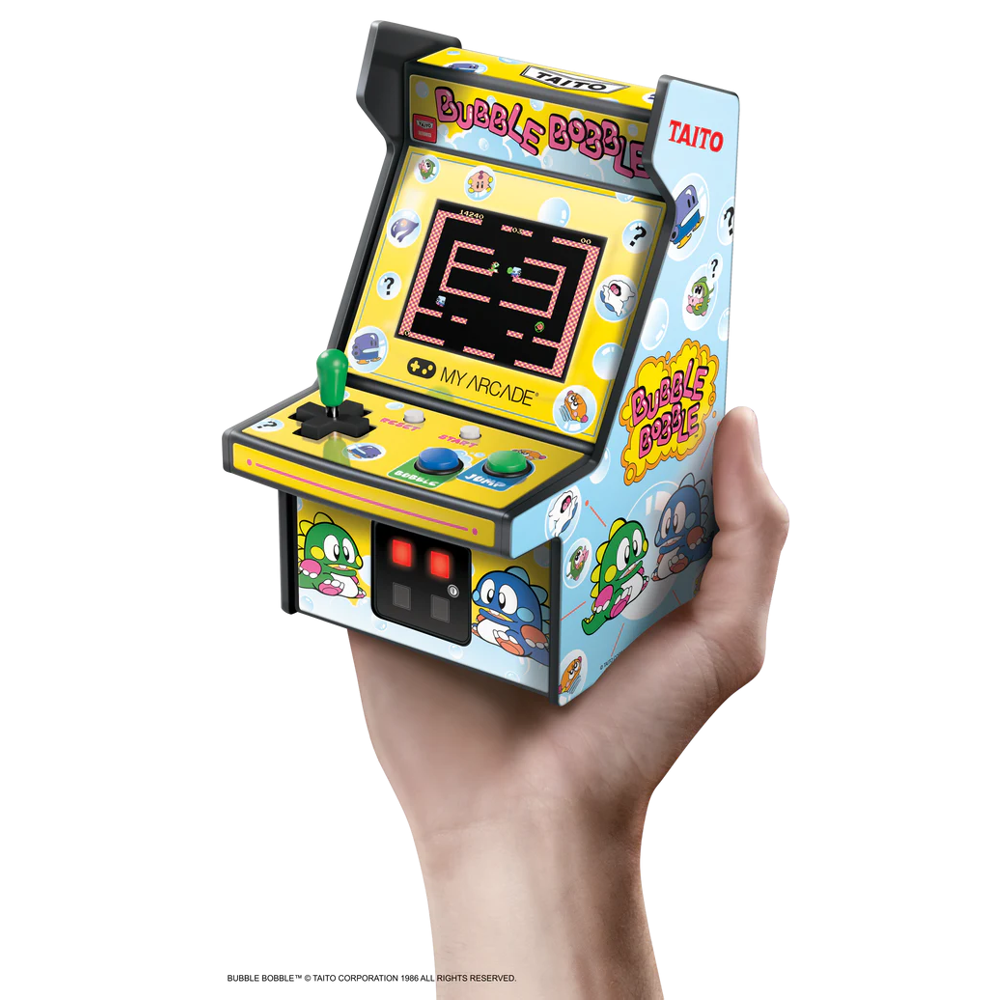 Mini-consola gaming retro MyArcade, Bubble Bobble, complet redabila, de colectie, display color 2.75”, difuzor integrat, port jack 3.5 mm, CO/VS pentru gaming in retea, joystick detasabil, inaltime 19 cm, galben/albastru