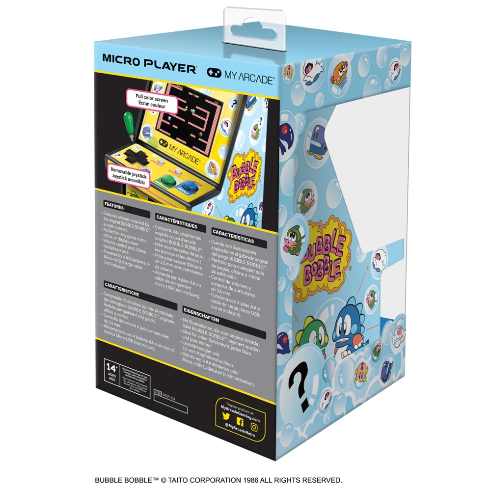 Mini-consola gaming retro MyArcade, Bubble Bobble, complet redabila, de colectie, display color 2.75”, difuzor integrat, port jack 3.5 mm, CO/VS pentru gaming in retea, joystick detasabil, inaltime 19 cm, galben/albastru