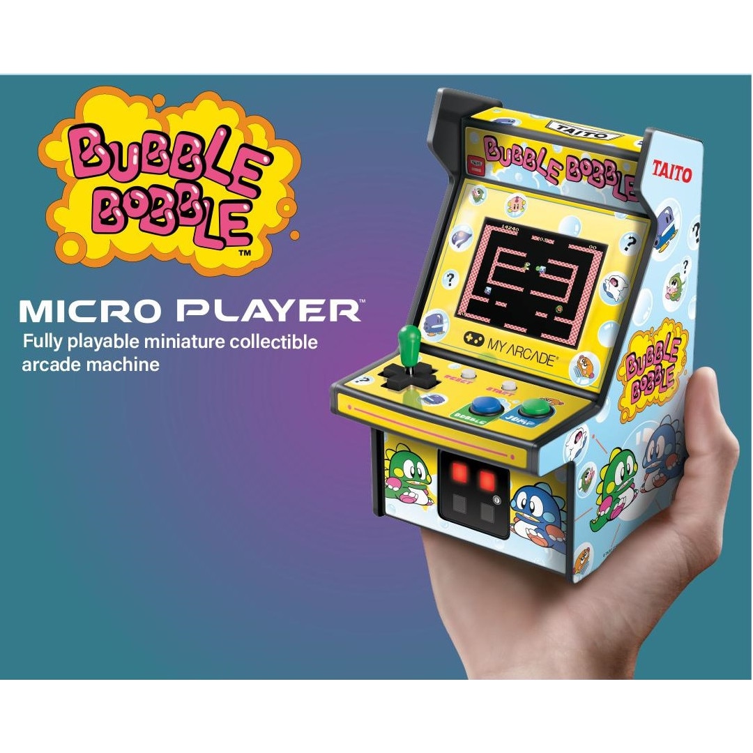 Mini-consola gaming retro MyArcade, Bubble Bobble, complet redabila, de colectie, display color 2.75”, difuzor integrat, port jack 3.5 mm, CO/VS pentru gaming in retea, joystick detasabil, inaltime 19 cm, galben/albastru