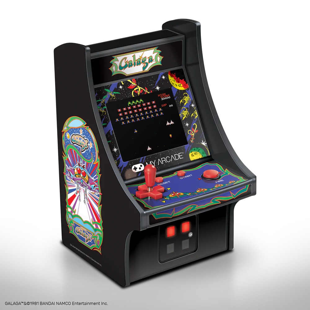 Mini-consola gaming retro MyArcade, Galaga, complet redabila, de colectie, display color 2.72”, difuzor integrat, port jack 3.5 mm, joystick detasabil, inaltime 19 cm, negru
