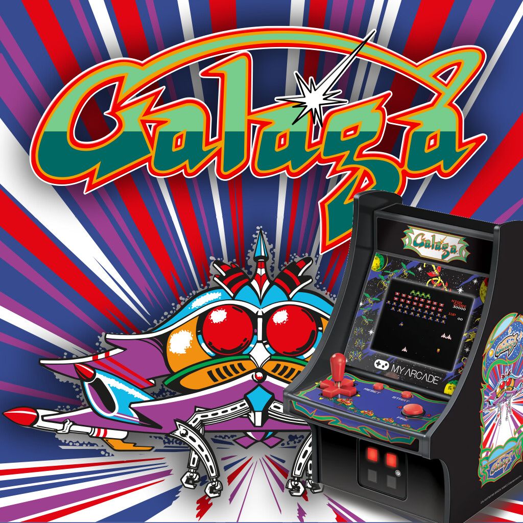 Mini-consola gaming retro MyArcade, Galaga, complet redabila, de colectie, display color 2.72”, difuzor integrat, port jack 3.5 mm, joystick detasabil, inaltime 19 cm, negru