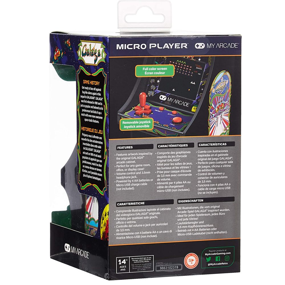 Mini-consola gaming retro MyArcade, Galaga, complet redabila, de colectie, display color 2.72”, difuzor integrat, port jack 3.5 mm, joystick detasabil, inaltime 19 cm, negru