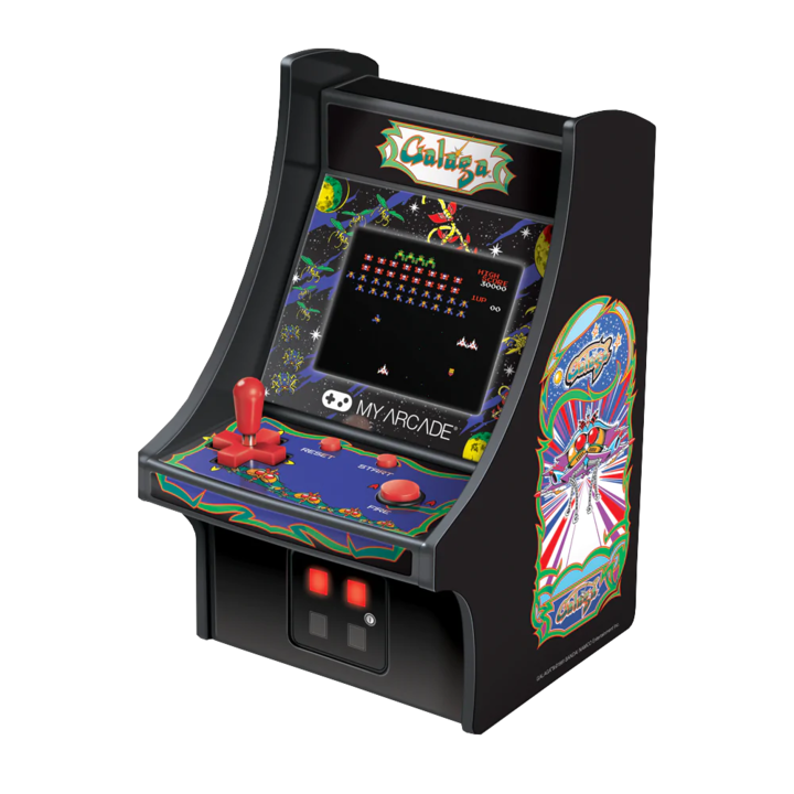 Mini-consola gaming retro MyArcade, Galaga, complet redabila, de colectie, display color 2.72”, difuzor integrat, port jack 3.5 mm, joystick detasabil, inaltime 19 cm, negru