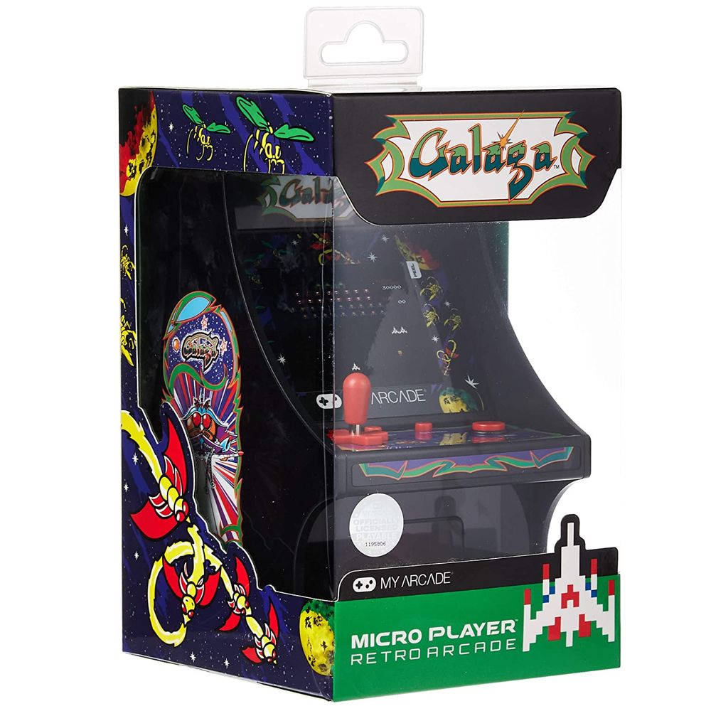 Mini-consola gaming retro MyArcade, Galaga, complet redabila, de colectie, display color 2.72”, difuzor integrat, port jack 3.5 mm, joystick detasabil, inaltime 19 cm, negru