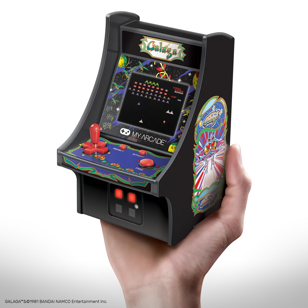 Mini-consola gaming retro MyArcade, Galaga, complet redabila, de colectie, display color 2.72”, difuzor integrat, port jack 3.5 mm, joystick detasabil, inaltime 19 cm, negru