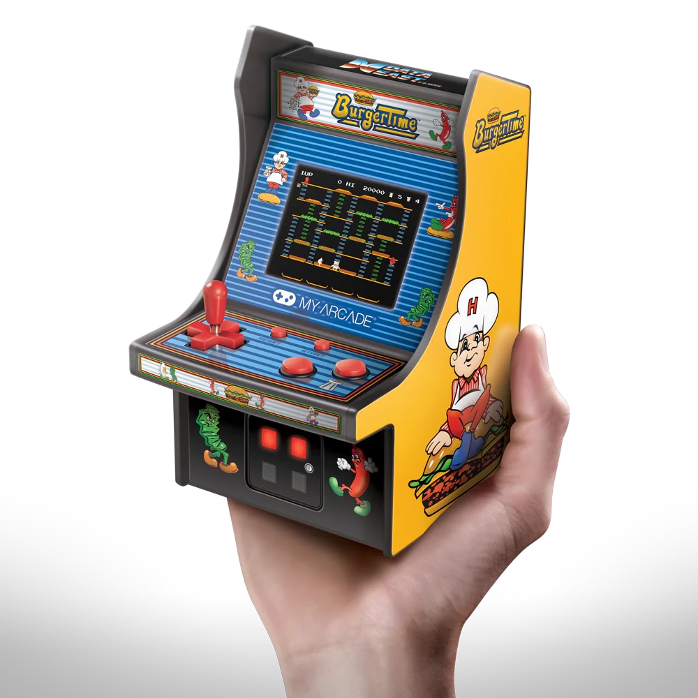 Mini-consola gaming retro MyArcade, BurgerTime, complet redabila, de colectie, display color 2.75”, difuzor integrat, port jack 3.5 mm, joystick detasabil, inaltime 19 cm, negru