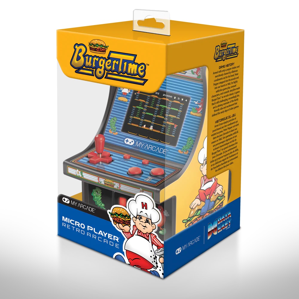 Mini-consola gaming retro MyArcade, BurgerTime, complet redabila, de colectie, display color 2.75”, difuzor integrat, port jack 3.5 mm, joystick detasabil, inaltime 19 cm, negru