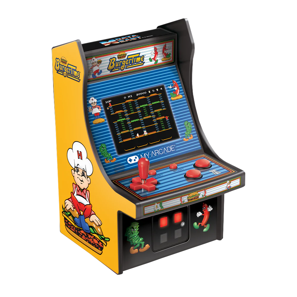 Mini-consola gaming retro MyArcade, BurgerTime, complet redabila, de colectie, display color 2.75”, difuzor integrat, port jack 3.5 mm, joystick detasabil, inaltime 19 cm, negru