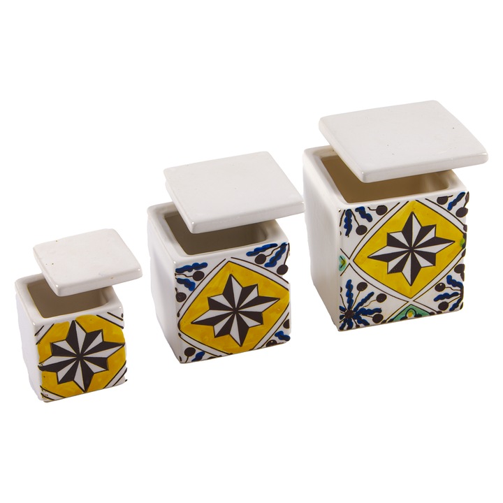 Set 3 recipiente losange din ceramica, pentru condimente, zahar, orez, diverse, realizate manual