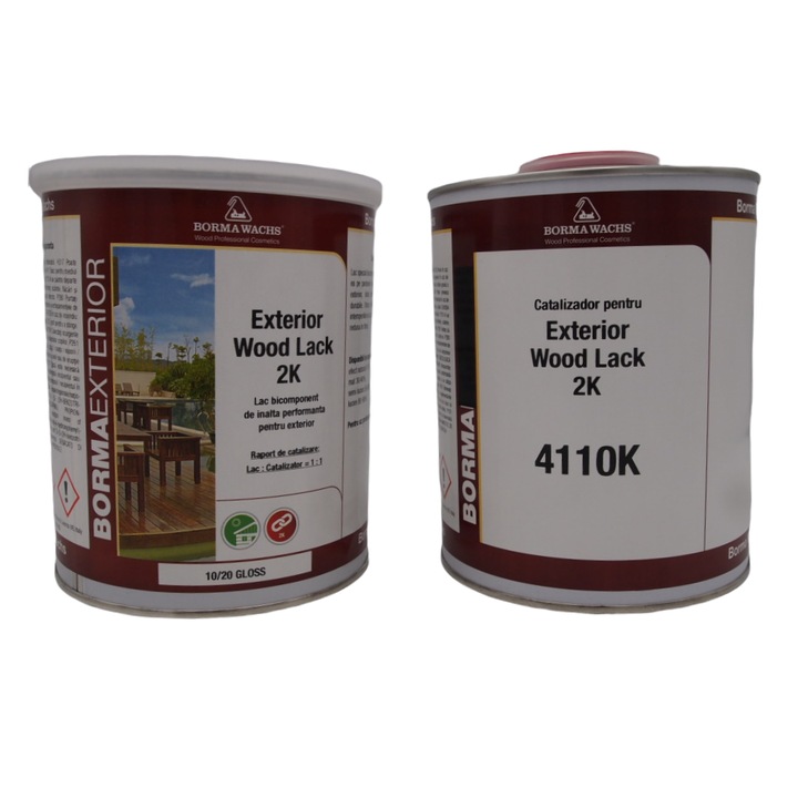 Двукомпонентен лак Borma Wachs Exterior Wood Lack 2K, За подови настилки и паркет, На основата на разтворители, 2 кг, Мат