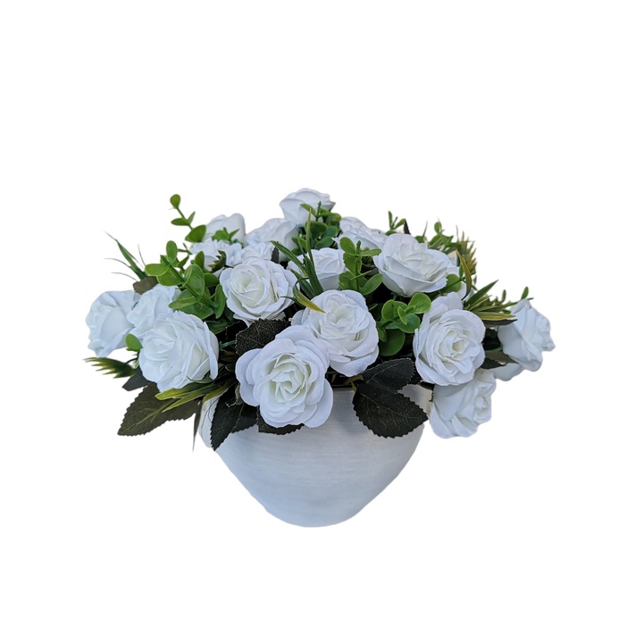 Aranjament floral rotund alb, Dady, in ghiveci ceramic, cu flori artificiale de trandafiri, diametru 25 cm