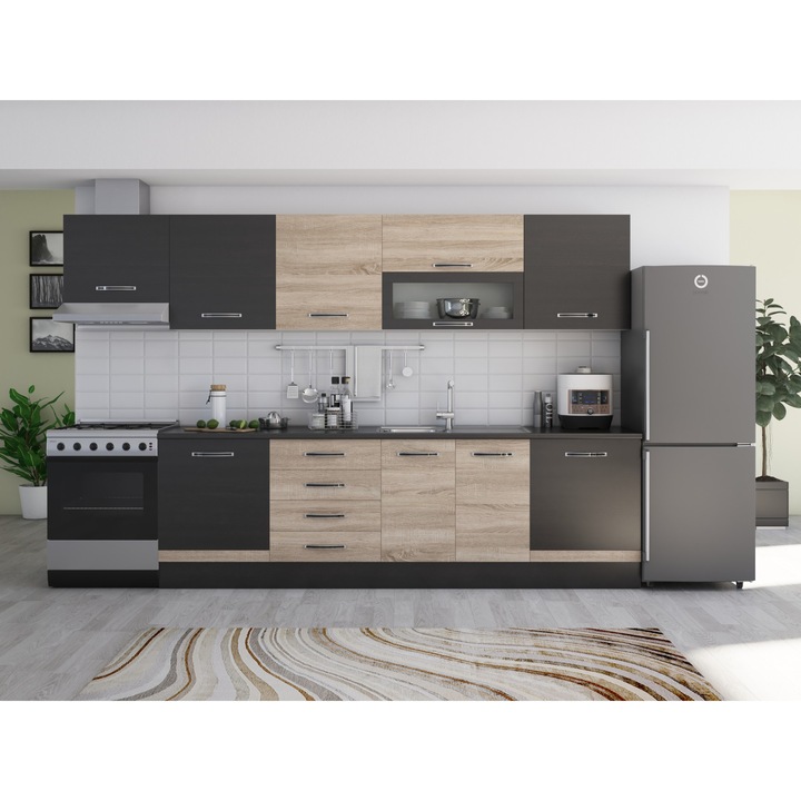 Bucatarie Alfa 320 cm, wenge/sonoma, blat termic wenge, corp hota