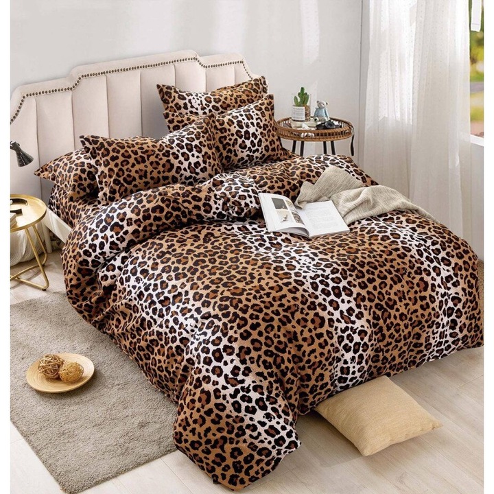 Спално бельо, 100% памук фустиан, Легло за 2 души, Чаршаф с ластик, 6 части, Леопардов принт