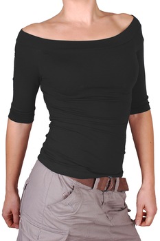 Bluza de dama cu maneca trei sferturi si decolteu pe umeri, Ivanel, Negru, XXL, Negru mat Bluza de dama cu maneca trei sferturi si decolteu pe umeri, Ivanel, Negru, XXL, Negru mat