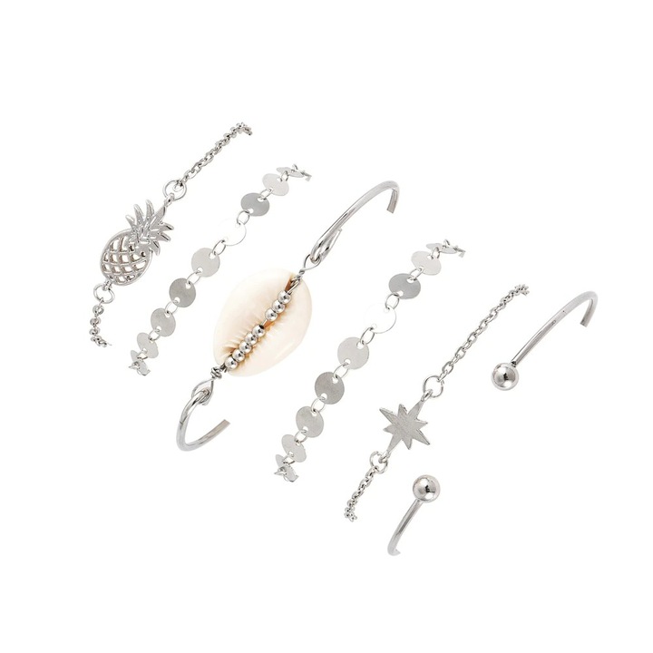 Set 6 bratari argintii, cu scoica, banuti si ananas, Norita C8, Pursehuit